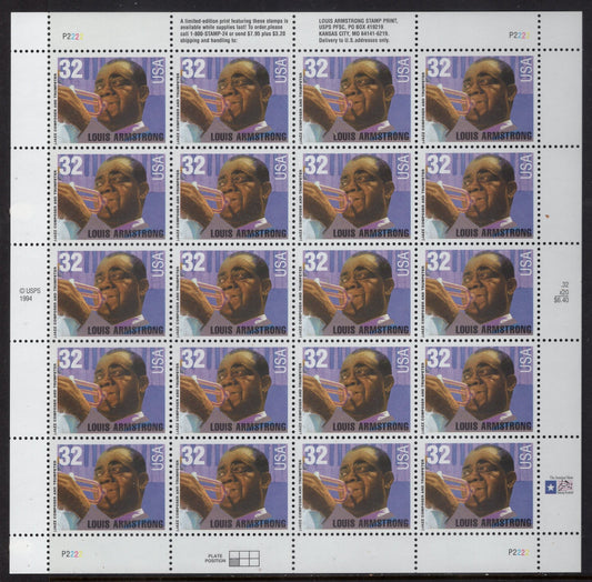 LOUIS "SATCHMO" ARMSTRONG 32c Sheet of 20 Jazz Trumpet Singer Music Legend Black American Heritage - Issued in 1995 - s2982-