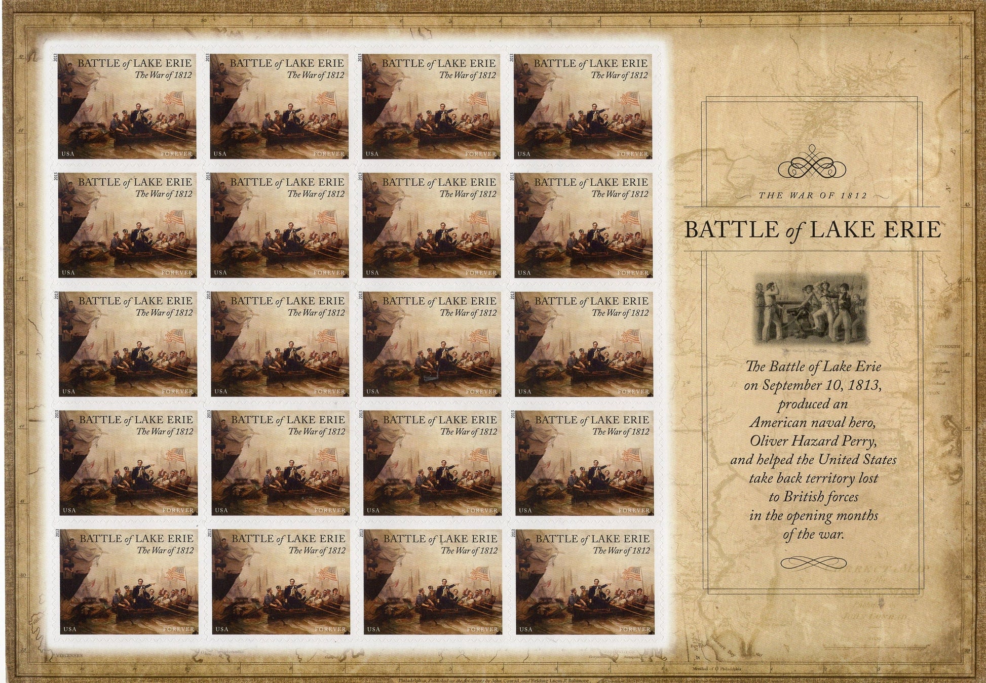 BATTLE of LAKE ERIE War of 1812 Decorative Sheet of 20 Stamps Painting Bright Fresh - Issued in 2013 s4805 s -