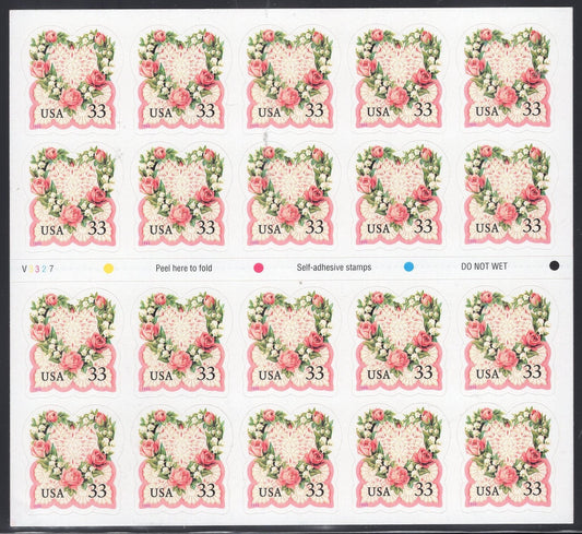 LOVE HEART VICTORIAN Flower Wreath Wedding 33c Sheet of 20 Bright Fresh - Issued in 1999 s3974 -