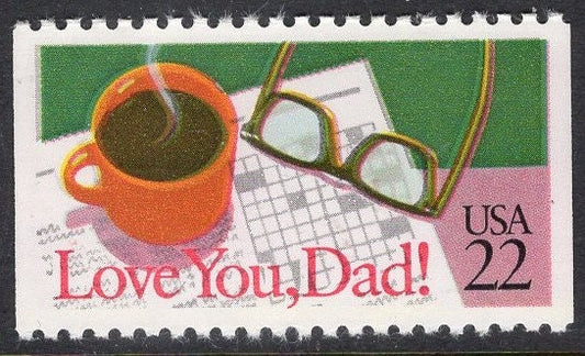 5 LOVE YOU DAD Father Coffee Glasses Bright Fresh Postage Stamps - Good for Wedding Themes too- Issued in 1987 - s2270 -