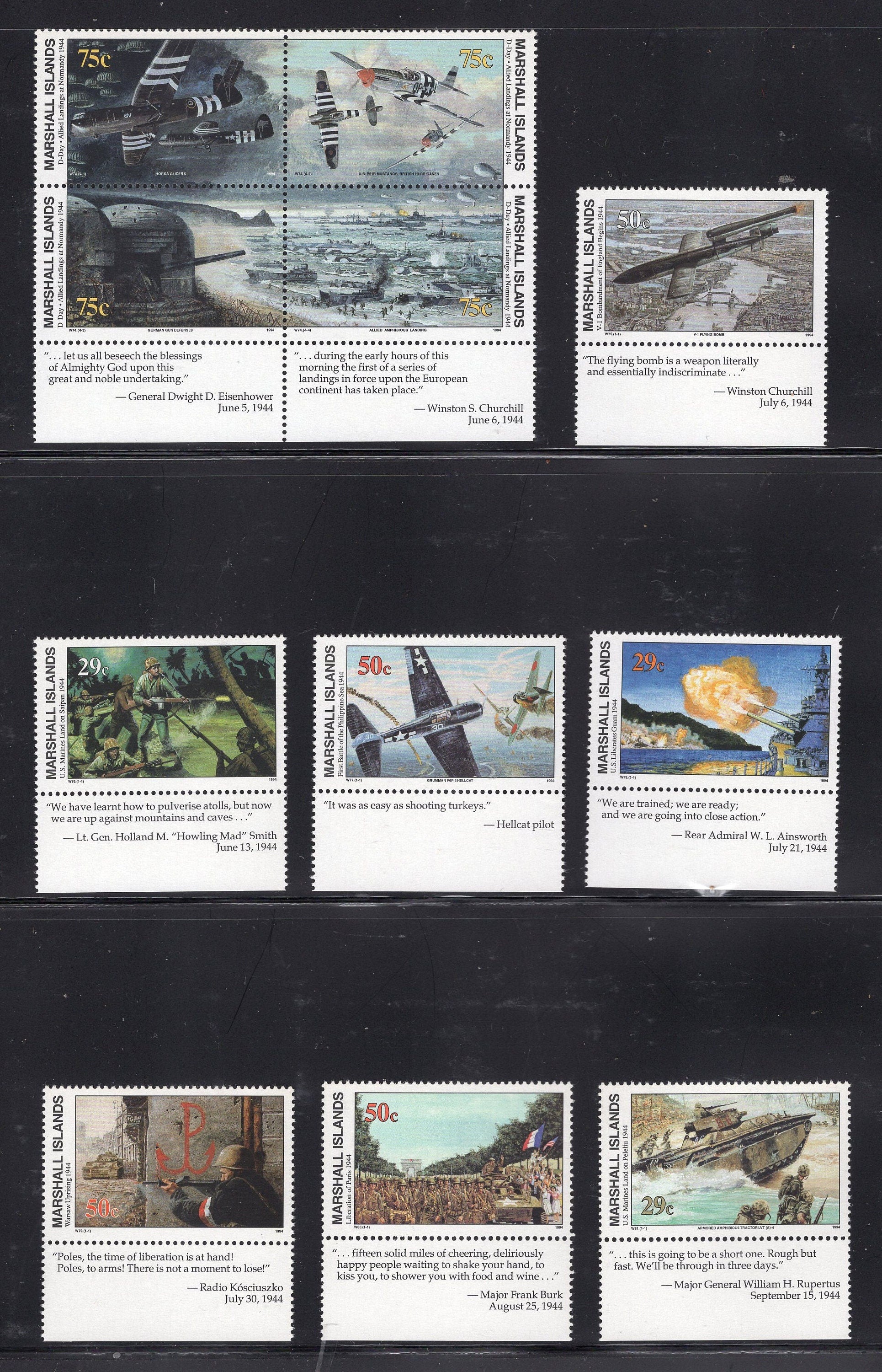 WORLD WAR II WW2 History 1939-1945 with a Descriptive Tabs shown on 155 Marshall Islands VFNHStamps - Vintage1989-95 - sWW2Tab-