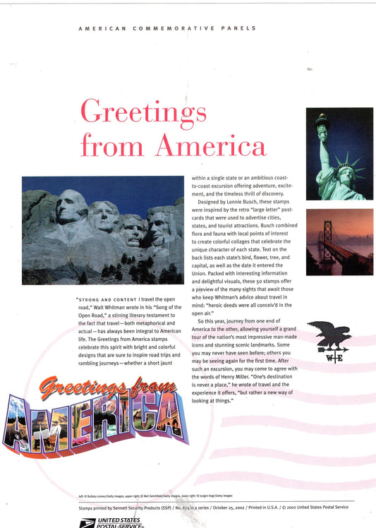 GREETINGS FROM AMERICA RUSHMORe Two Commemorative Panels with a Sheet of 50 Stamps Illustrated with Descriptive Text Great Gift 8.5x11