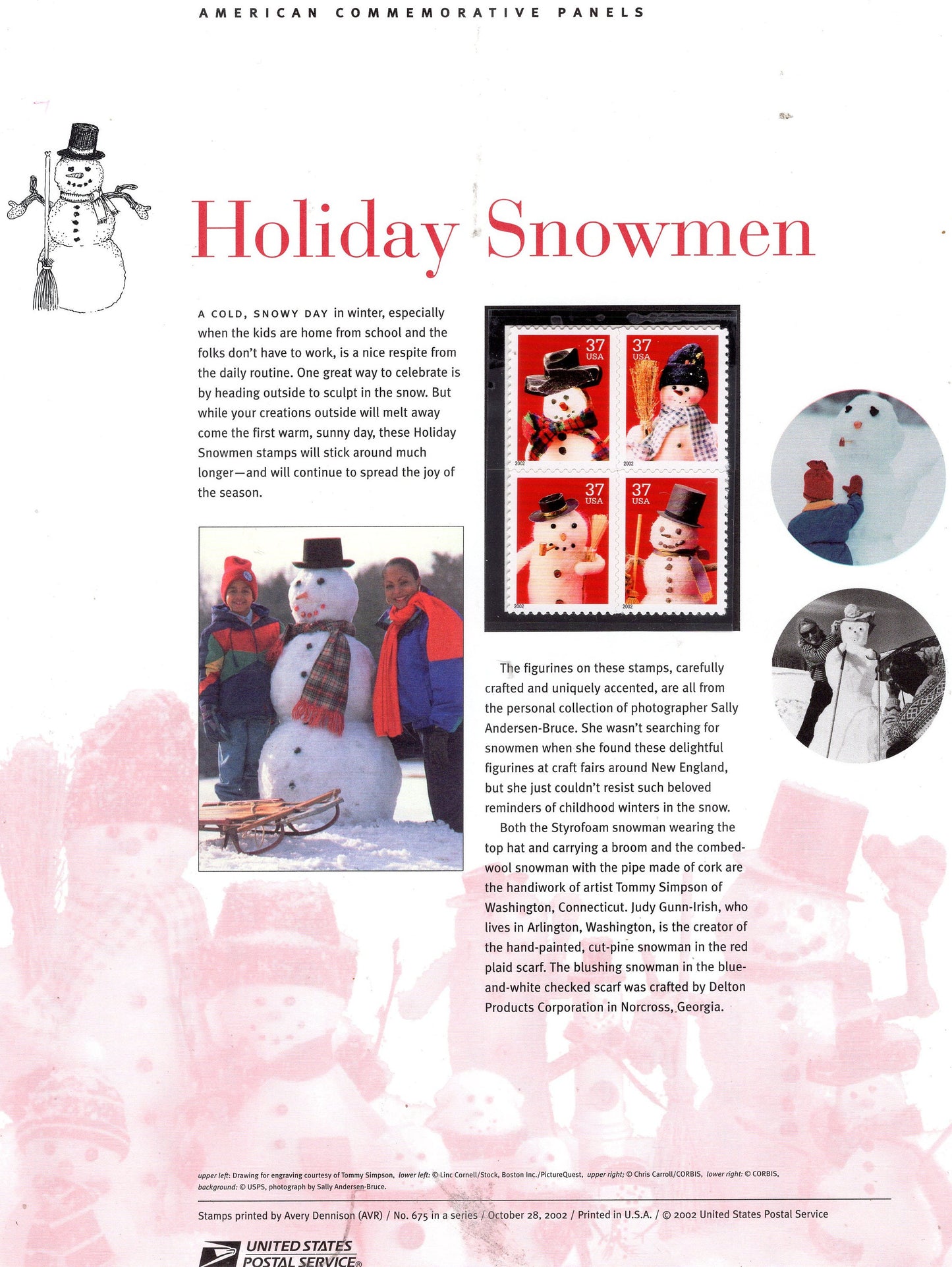HOLIDAY SNOWMEN CHRISTMAS Commemorative Panel with a Block of 4 Stamps Illustrations plus Text – A Great Gift 8.5x11 - Issued in 2002 s675-