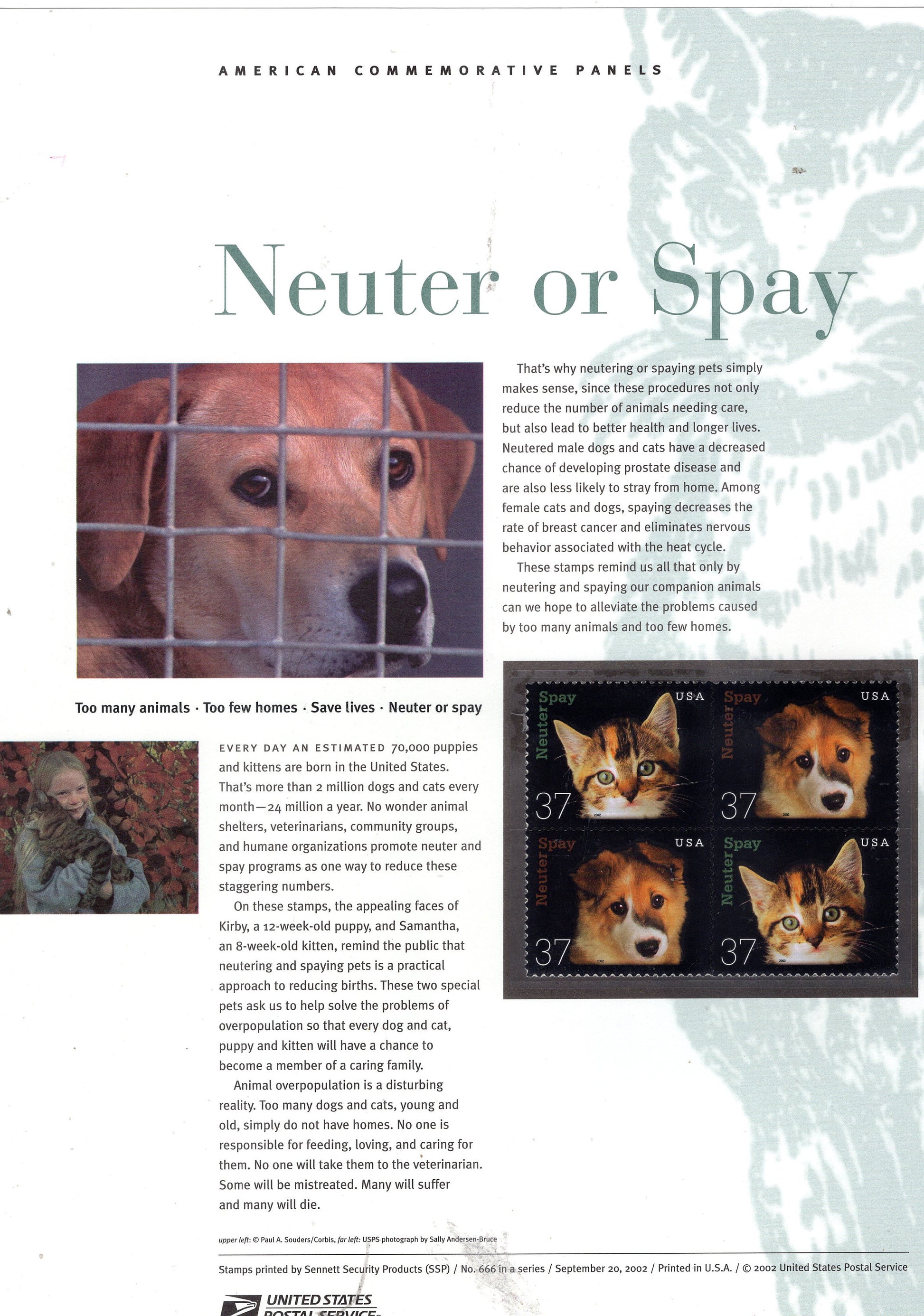 PETS SPAY NEUTER Dog Cat Commemorative Panel with a Block of 4 Stamps Illustrations plus Text – A Great Gift 8.5x11 - Issued in 2002 Stck# 666 -