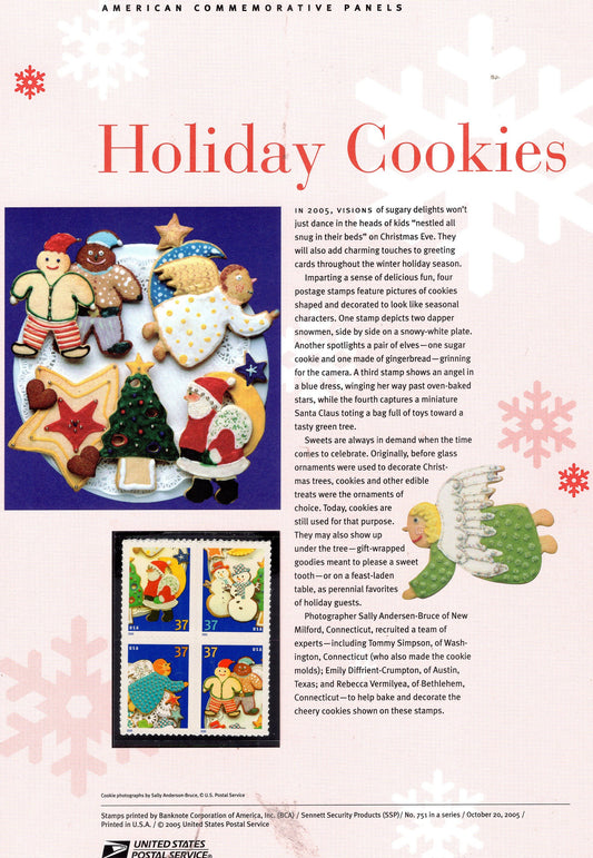 CHRISTMAS HOLIDAY COOKIES Commemorative Panel with a Block of 4 Stamps Illustrations plus Text – A Great Gift 8.5x11 - Issued in 2005 - Stk# 751-