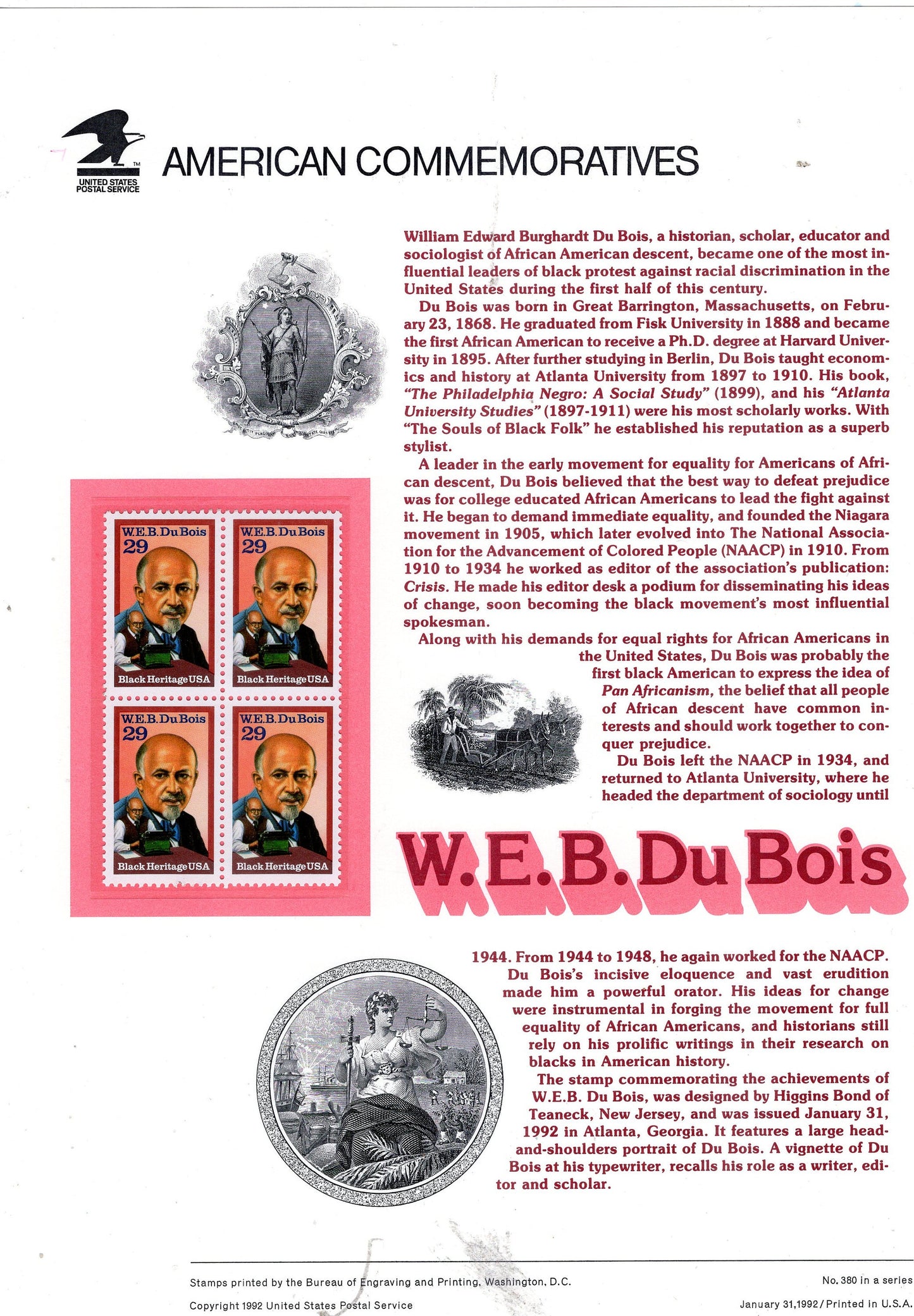 W.E.B. DeBois BLACK HERITAGE Rights Commemorative Panel w/Block of 4 Stamps Illustrations plus Text – A Great Gift 8.5x11-Year 1992 #380-
