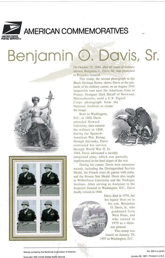 Gen. BENJAMIN DAVIS BLACK Heritage Commemorative Panel w/Block of 4 Stamps Illustrations plus Text – A Great Gift 8.5x11-Year 1997 #505 -