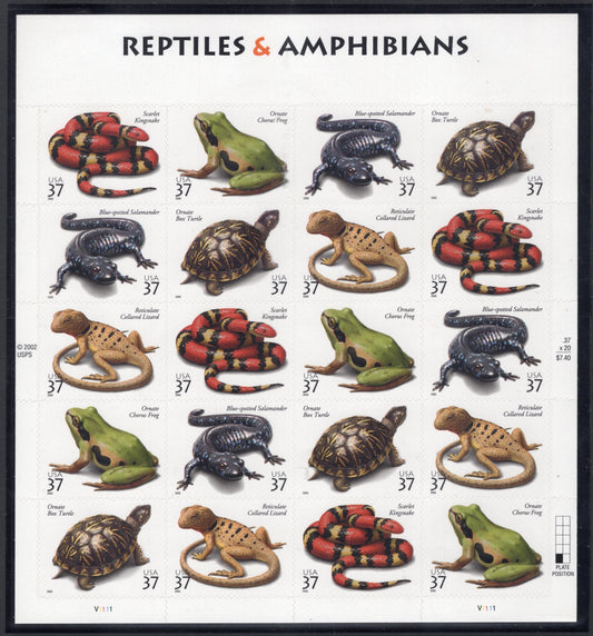 REPTILES inc TURTLE KINGSNAKE Frog Salamander Lizard Decorative Sheet of 20 - 37c Bright Fresh Stamps Issued in 2003  - s3814-