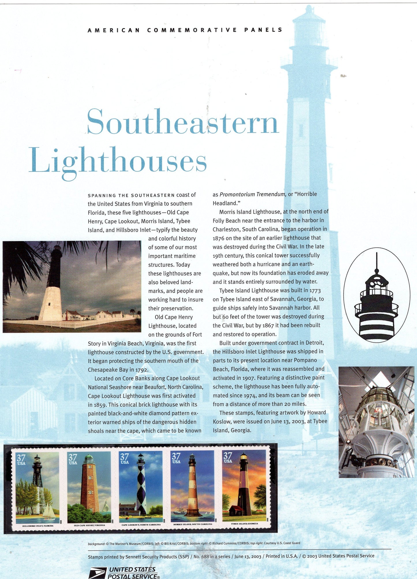 SOUTHEASTERN LIGHTHOUSES COAST Commemorative Panel with Strip of 5 Stamps Illustrations plus Text – A Great Gift 8.5x11 - 2003 - 688 -