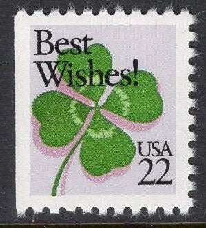 4 SHAMROCK 4 LEAF CLOVERS Best Wishes St.  Patrick Bright Fresh Stamps - Good for Wedding Themes too- Issued in 1987  - s2271 -