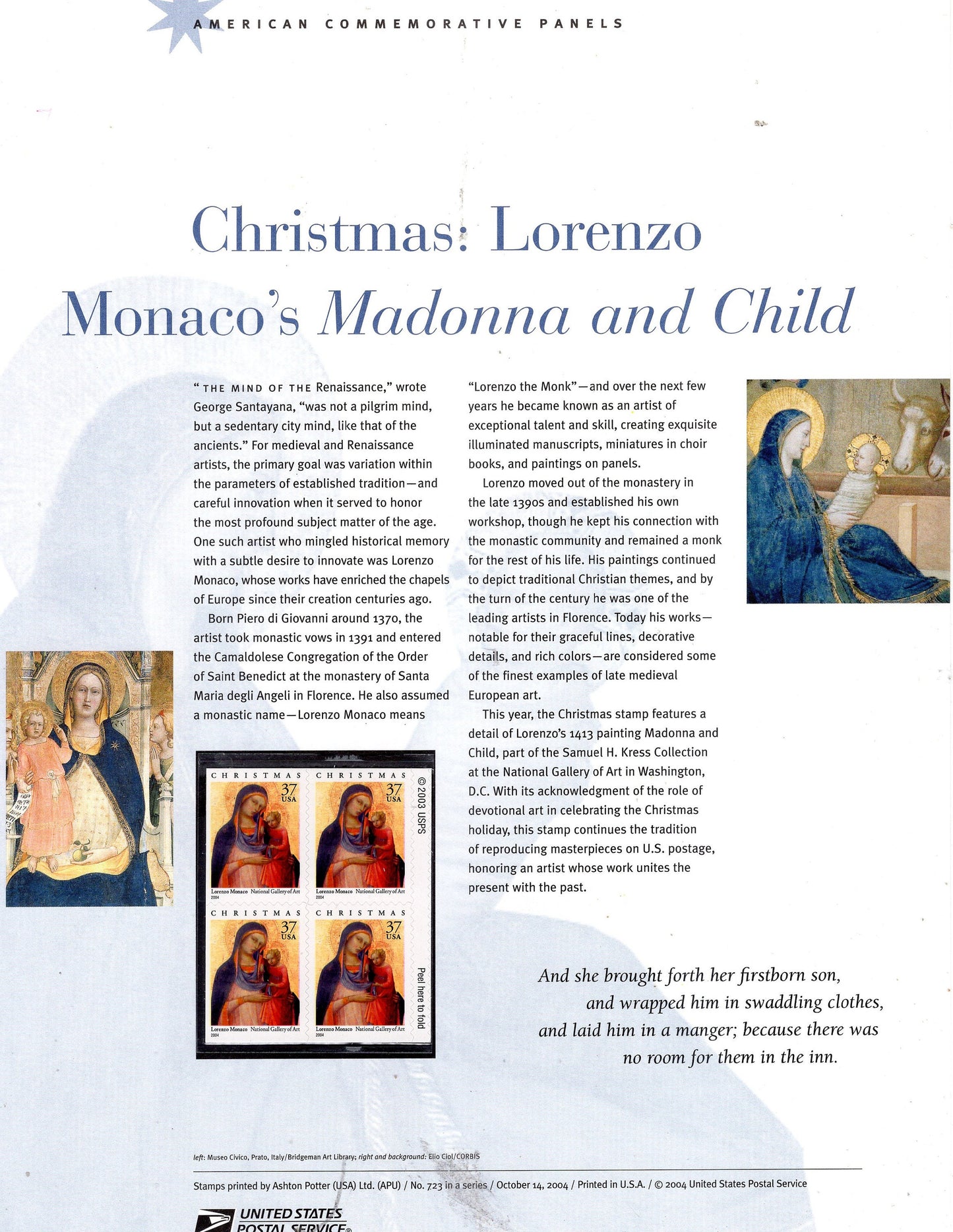 MADONNA CHILD CHRISTMAS Lorenzo Monaco Commemorative Panel with Block of 4 Stamps Illustrations plus Text – A Great Gift 8.5x11 -2004 -