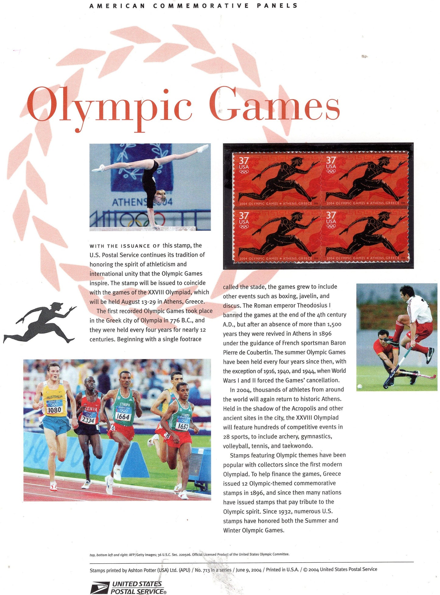 OLYMPIC GAMES ATHENS Sports Classic Runner Commemorative Panel with Block 4 Stamps Illustrations plus Text – A Great Gift 8.5x11-2004-