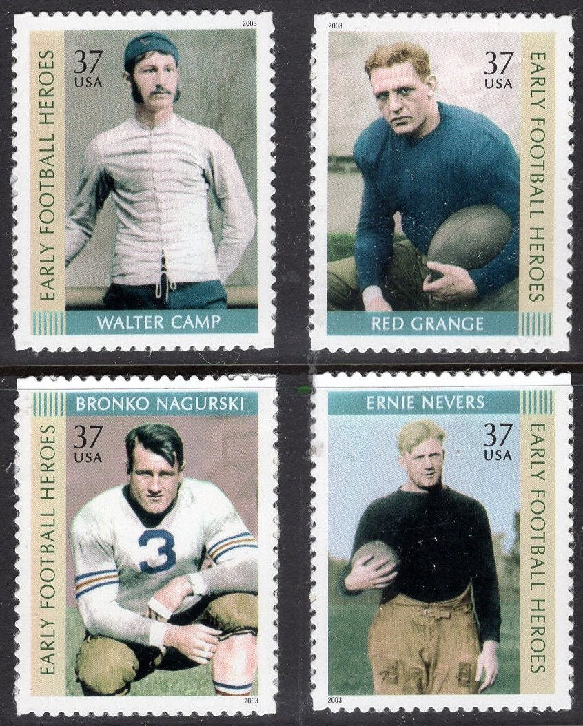 EARLY FOOTBALL HEROES Red Grange Bronko Nagurski Walter Camp Ernie Nevers Mint Fresh USA Stamps - Issued in 2003 - s3808 -
