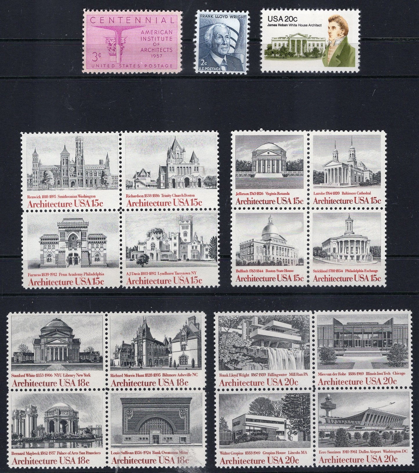 AMERICAN ARCHITECTURE AIA Theme Collection Issued in 1957//1982 of 19 USA Stamps inc Fallingwater Wright Hoban Boston State