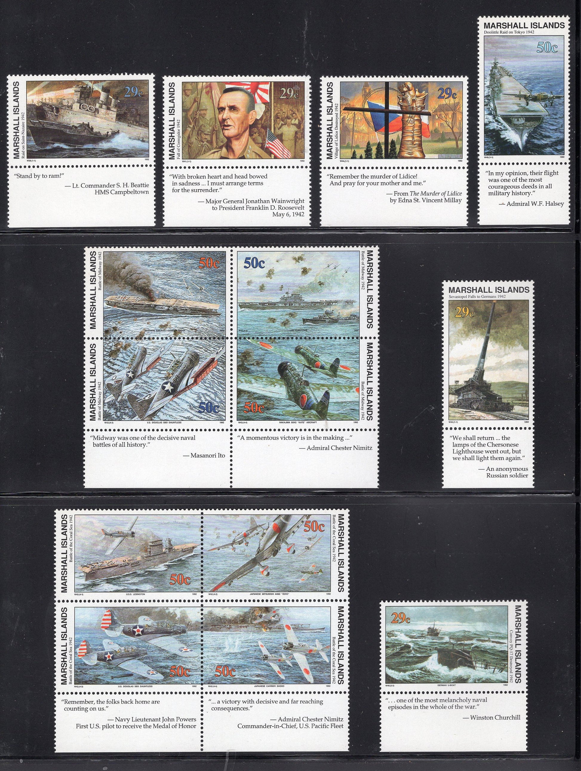 WORLD WAR II WW2 History 1939-1945 with a Descriptive Tabs shown on 155 Marshall Islands VFNHStamps - Vintage1989-95 - sWW2Tab-