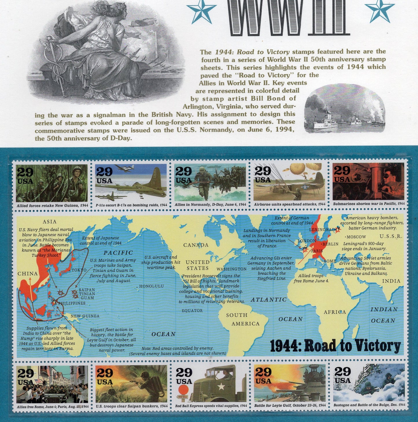 WORLD WAR 2 WWII 1944 Road to Victory Map Commemorative Panel with Sheet of 10 Stamps Illustrations plus Text – A Great Gift 8.5x11 -