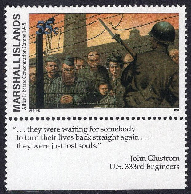 CONCENTRATION CAMPS FREED Jewish Holocaust Stamp with a Descriptive Tab from the Marshall Islands - Issued in 1995  - s512 -
