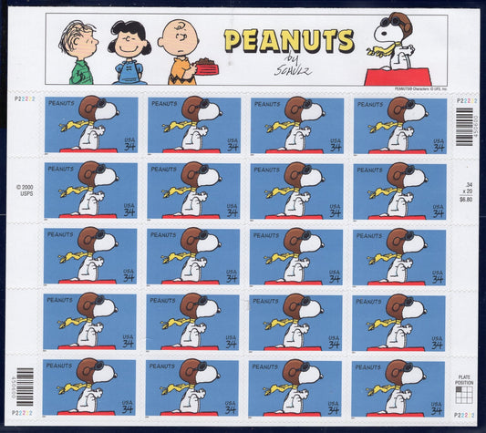 SNOOPY PEANUTS Decorative Sheet of 20 Stamps Lucy Linus Charlie Brown Bright Fresh - Issued in 2001 s3507 -