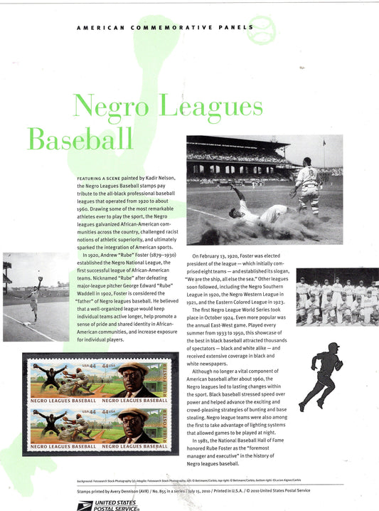 NEGRO LEAGUES BASEBALL Black Americans Heritage Commemorative Panel Block of 4 Stamps Illustrations plus Text – A Great Gift 8.5x11 2010-