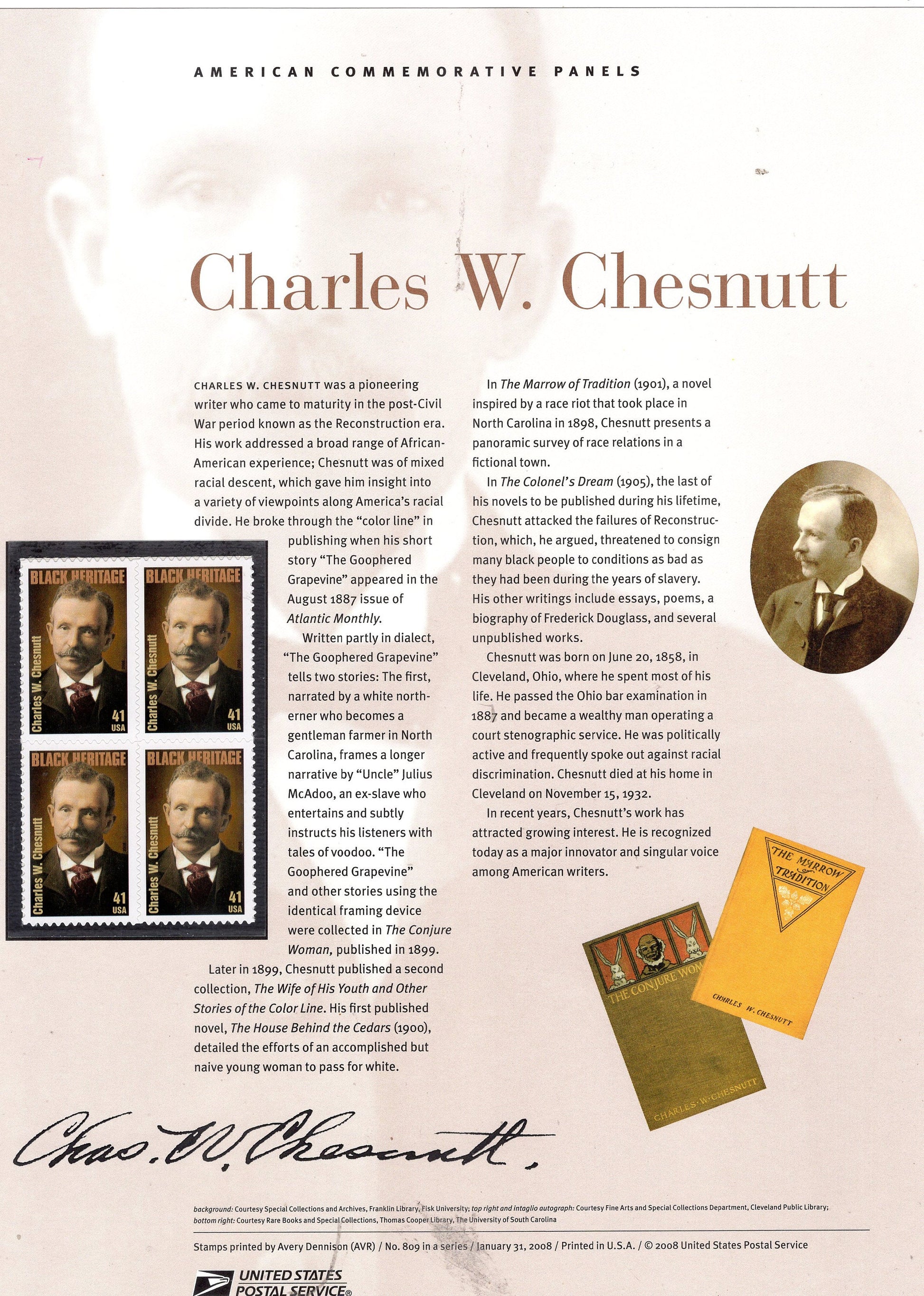 CHARLES CHESNUTT Black Heritage Writer Commemorative Panel with a Block 4 Stamps Illustrations plus Text – A Great Gift 8.5x11- Issued in 2008-