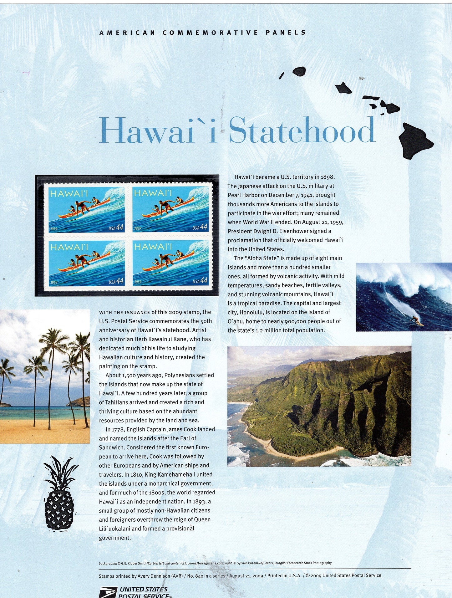 HAWAII SURFER SURFING Statehood Aloha Kamehameha Commemorative Panel with a 4 Stamps Illustrations plus Text – A Great Gift 8.5x11 - 2009 -