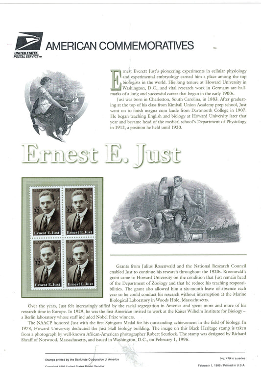 DR ERNEST JUST Black Heritage Scientist Medicine Commemorative Panel with a Block 4 Stamps Illustrations plus Text – A Great Gift 8.5x11 -'96 