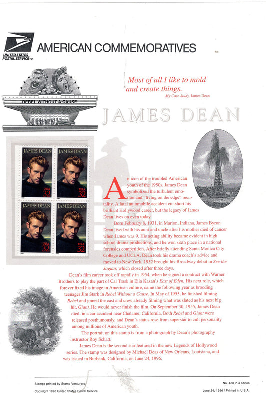 JAMES DEAN ACTOR Rebel Without A Cause Movies Film Cinema Commemorative Panel 4 Stamps Illustrations plus Text – A Great Gift 8.5x11 '96-