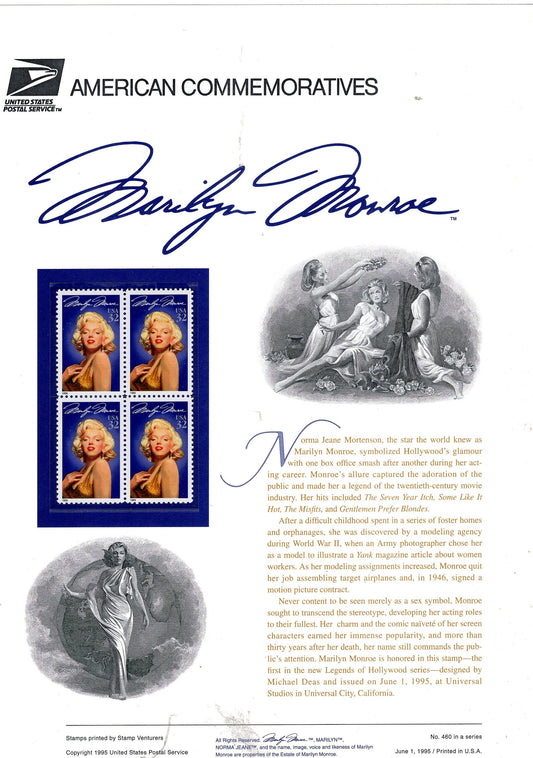 MARILYN MONROE ACTORESS Hollywood Movies Film Cinema Commemorative Panel with a 4 Stamps Illustrations plus Text – A Great Gift 8.5x11 '95 -