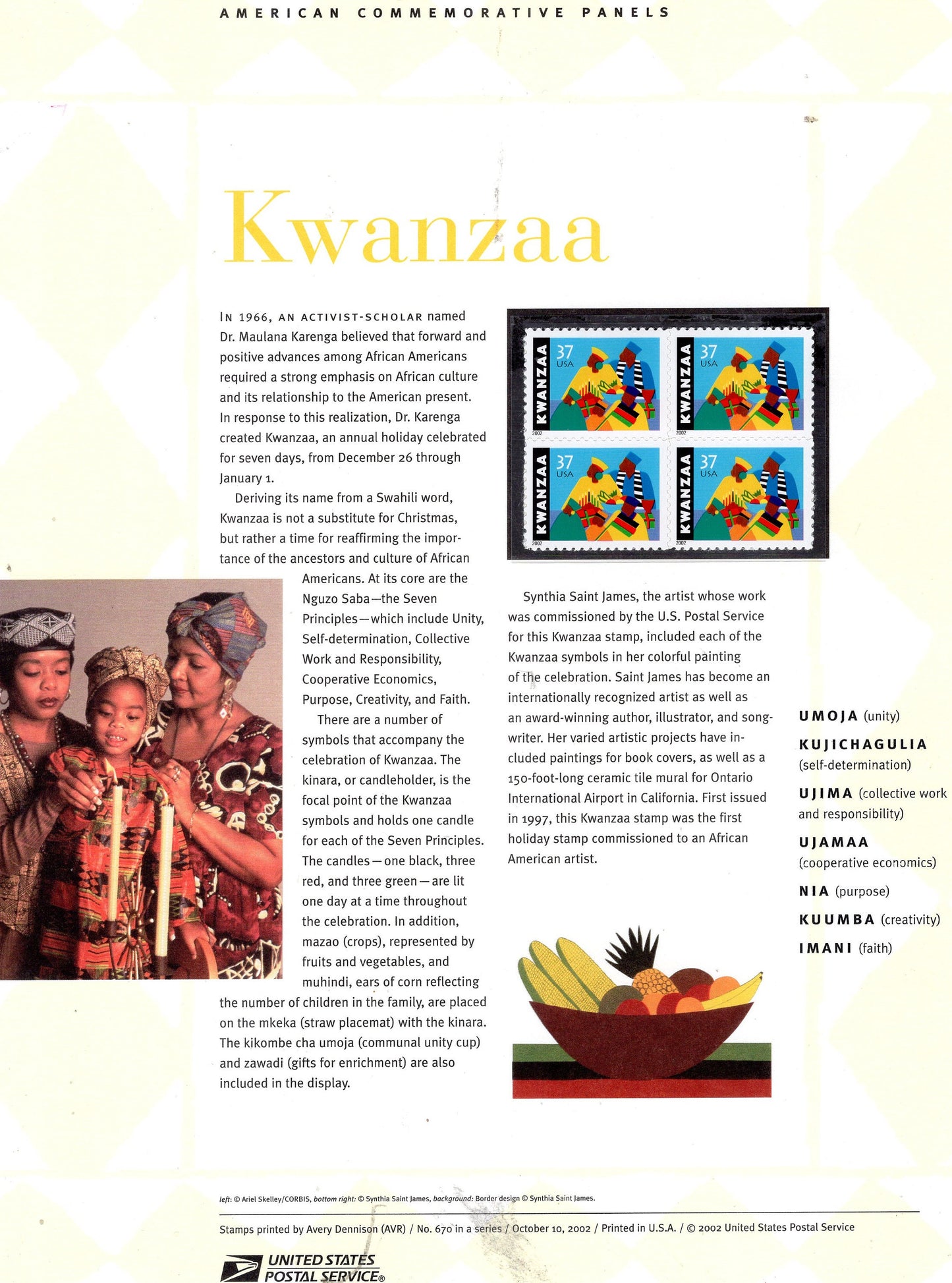 KWANZAA CELEBRATION Commemorative Panel with a Block of 4 Stamps Illustrations plus Text – A Great Gift 8.5x11 - Issued in 2002 s670-