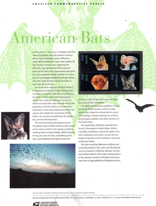 AMERICAN BATS HABITS Life Commemorative Panel with a Block of 4 Stamps Illustrations plus Text – A Great Gift 8.5x11 - Issued in 2002 Stk# 667 -