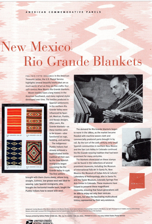 RIO GRANDE BLANKETS NMex Commemorative Panel with a Block of 4 Stamps Illustrations plus Text – A Great Gift 8.5x11 - Issued in 2005 Stck# 741 -