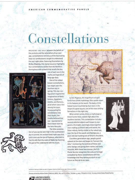 ZODIAC CONSTELLATIONS Commemorative Panel with a Block of 4 Stamps Illustrations plus Text – A Great Gift 8.5x11 - Issued in 2005 - s750 -