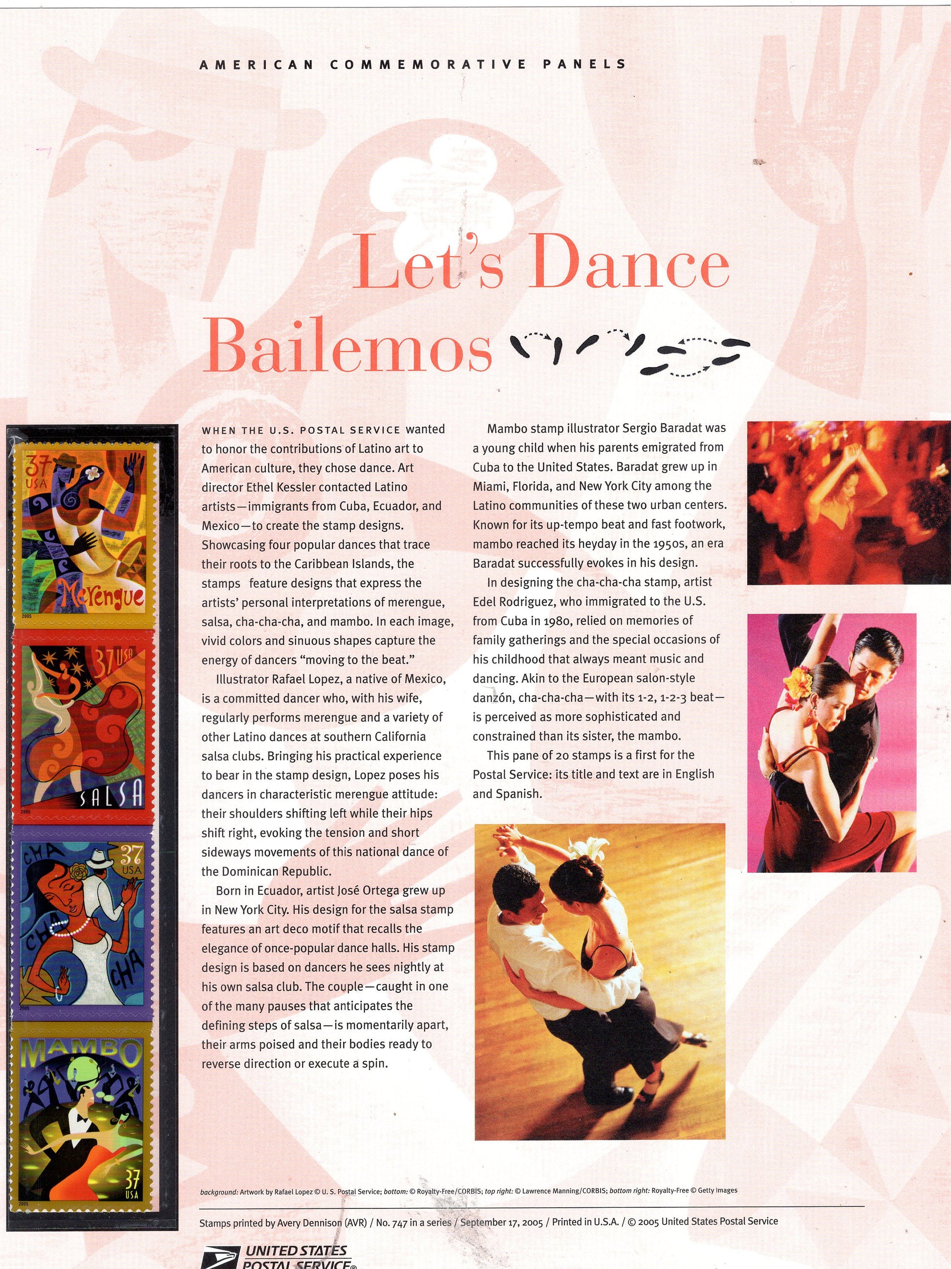 LATIN DANCE MUSIC Culture Commemorative Panel with a Block of 4 Stamps Illustrations plus Text – A Great Gift 8.5x11 - Issued in 2005 - Stk# 747-