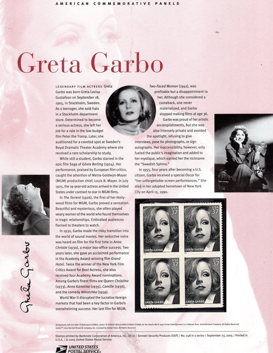 GRETA GARBO HOLLYWOOD Legend Commemorative Panel with a Block of 4 Stamps Illustrations plus Text – A Great Gift 8.5x11 - Issued in 2005 Sk# 748-