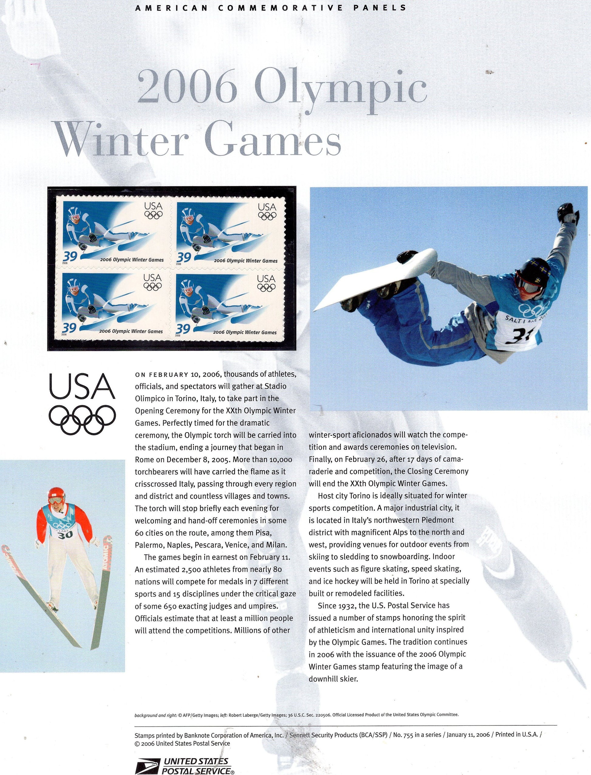 WINTER OLYMPICS SKI Boarding Commemorative Panel with a Block of 4 Stamps Illustrations plus Text – A Great Gift 8.5x11 - Issued in 2006 #755 -