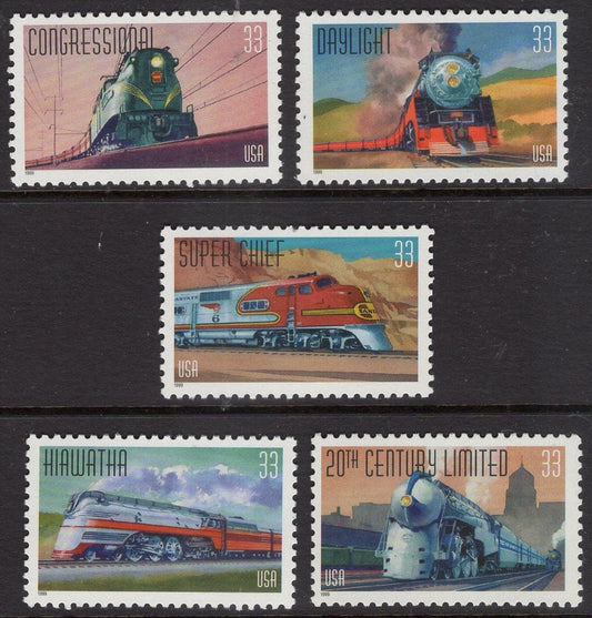 5 FAMOUS TRAINS inc SUPER Chief 20th Century Limited Hiawatha Congress Fresh, Bright Stamps - Issued in 1999 - s3333 -