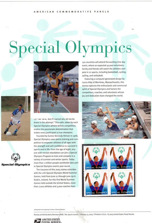 SPECIAL OLYMPICS SWIMMING Commemorative Panel with a Block of 4 Stamps Illustrations Descriptive Text Great Gift 8.5x11 Stk# 679 2003 -FreShpUSA