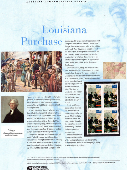 LOUISIANA PURCHASE MAP Commemorative Panel with a Block of 4 Stamps Illustrations plus Text – A Great Gift 8.5x11 - Issued in 2003  - stock #685 -