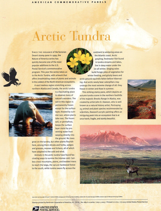 ARCTIC TUNDRA NATURE 2 Commemorative Panels with a Sheet of 10 Stamps, Illustrated Descriptive Text Great Gift 8.5x11 Year 2003-