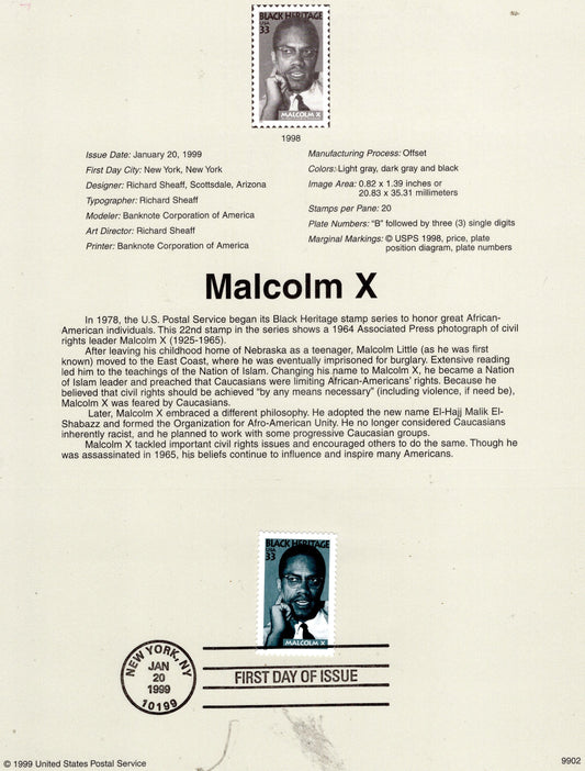 MALCOLM X CIVIL Rights Activist Black Heritage Muslim Minister Official USPS Souvenir Page First Day Cancel Text '99 - 3276 -