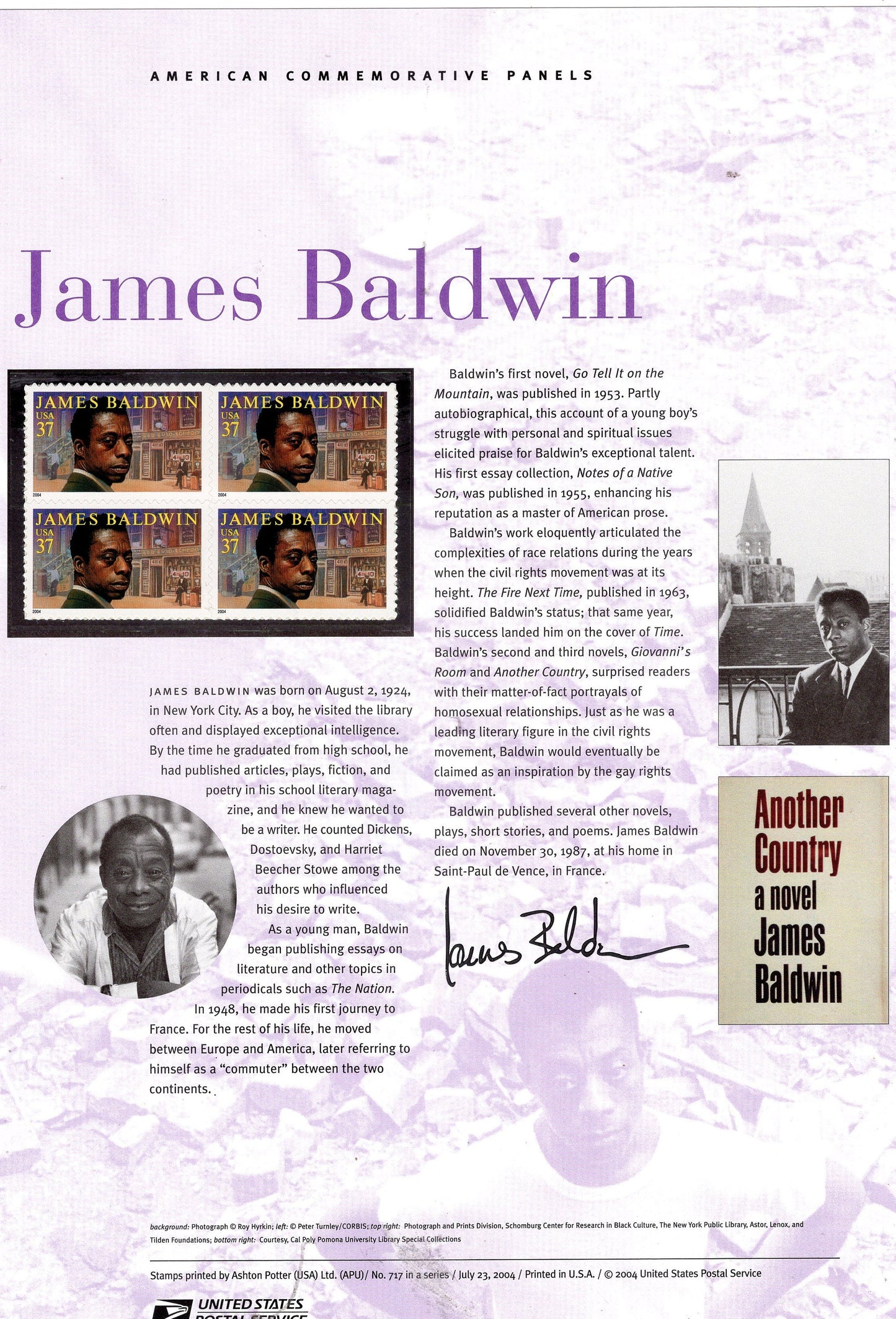 JAMES BALDWIN AUTHOR Writer Black American Commemorative Panel with Block of 4 Stamps Illustrations plus Text – A Great Gift 8.5x11-2004-