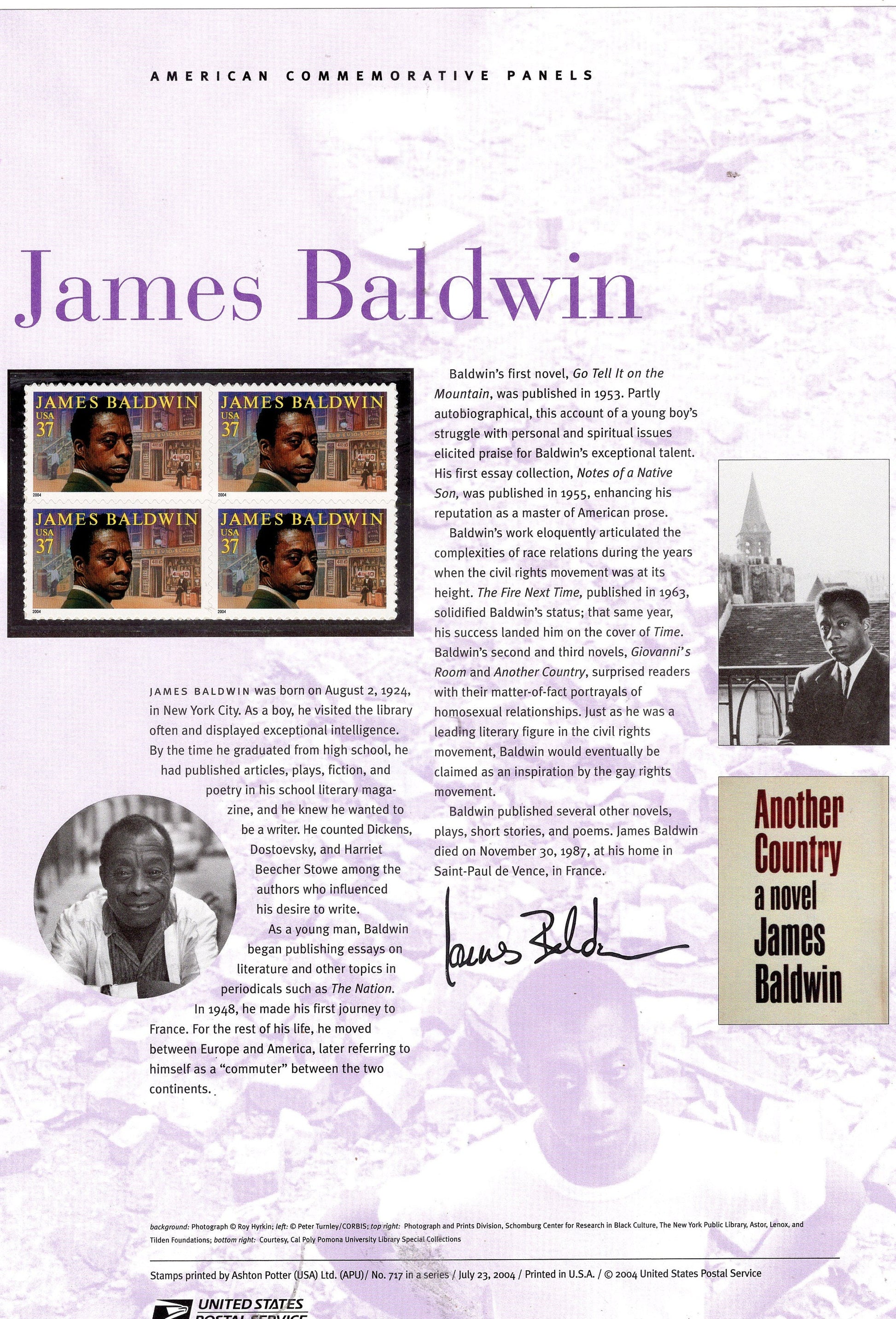 JAMES BALDWIN AUTHOR Writer Black American Commemorative Panel with Block of 4 Stamps Illustrations plus Text – A Great Gift 8.5x11-2004-