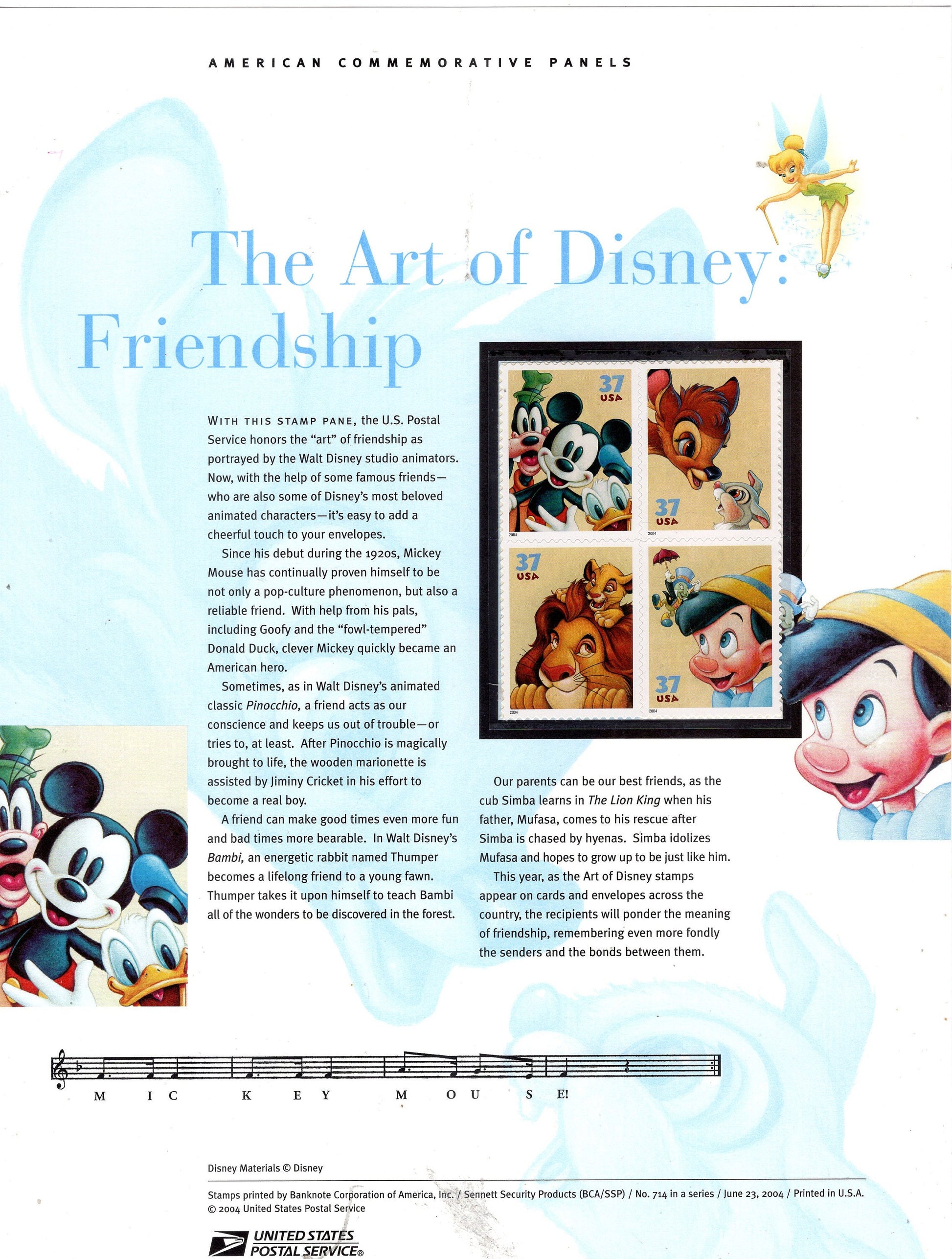 DISNEY FRIENDSHIP ART Mickey Pinocchio Simba Commemorative Panel with Block 4 Stamps Illustrations plus Text – A Great Gift 8.5x11-2004-