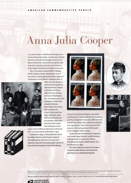 ANNA JULIA COOPER Black Heritage Educator Feminist Commemorative Panel with a Block 4 Stamps Illustrations plus Text – A Great Gift 8.5x11-