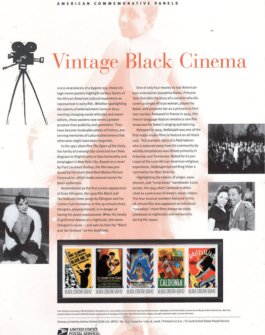 VINTAGE BLACK CINEMA Black Americans Heritage Commemorative Panel with a Strip of 5 Stamps Illustrations plus Text – A Great Gift 8.5x11 -