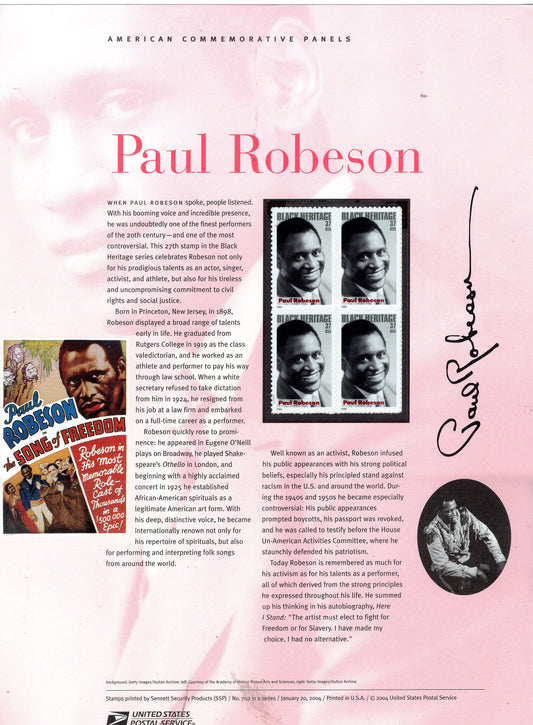 PAUL ROBESON Black Heritage Actor Singer Rights Commemorative Panel with Block of 4 Stamps Illustrations plus Text – A Great Gift 8.5x11 