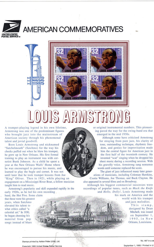 LOUIS ARMSTRONG Black Heritage Jazz Music Trumpet Commemorative Panel with a Block of 4 Stamps Illustrations plus Text – A Great Gift 8.5x11-95 FreShpUSA