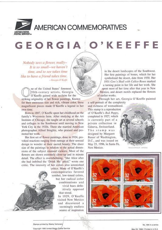 GEORGIA O'KEEFFE PAINTER Art Artist Poppy Flowers Commemorative Panel+4 Stamps Illustrations plus Text – A Great Gift 8.5x11 '96 Keefe -