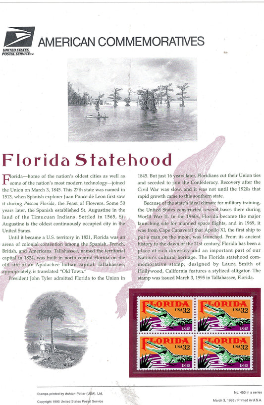 FLORIDA ALLIGATOR STATEHOOD Gator Swamp Commemorative Panel with a 4 Stamps Illustrations plus Text – A Great Gift 8.5x11 '95 -