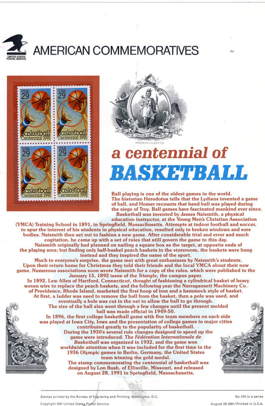 BASKETBALL CENTENNIAL NAISMITH Sport Hoop Commemorative Panel with Stamps Illustrations plus Text – A Great Gift 8.5x11 '95 -